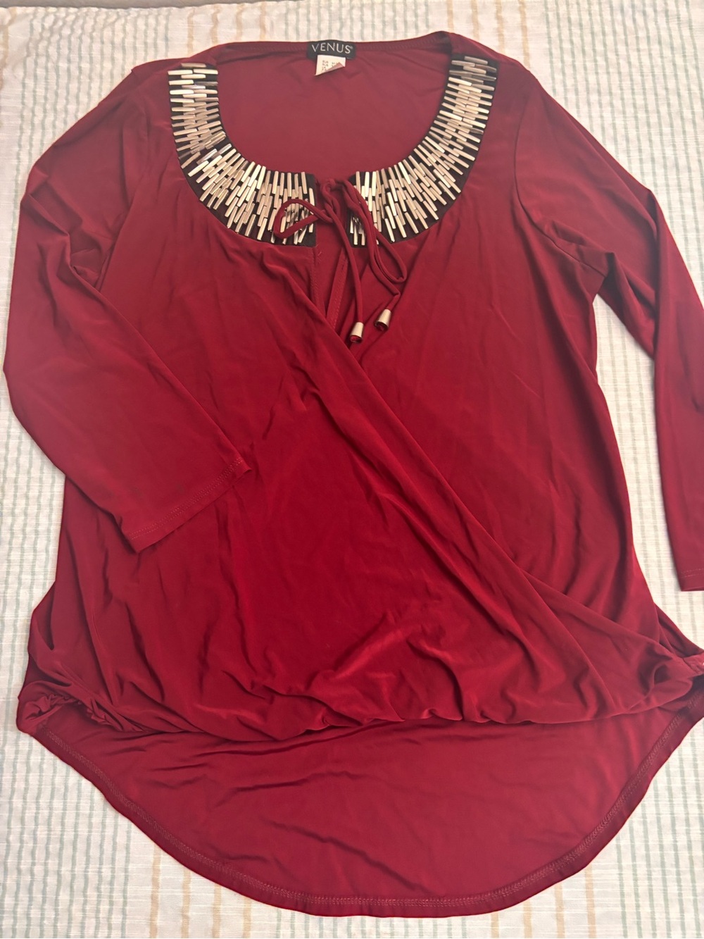 VENUS Crimson Red Long-Sleeve Scoop Neck Top with Bead-Trim